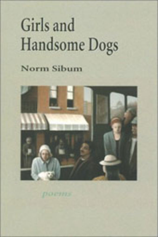 Book cover for 'Girls and Handsome Dogs' by Norm Sibum featuring an illustration of people seated in a room with a window viewing a stormy day outside.