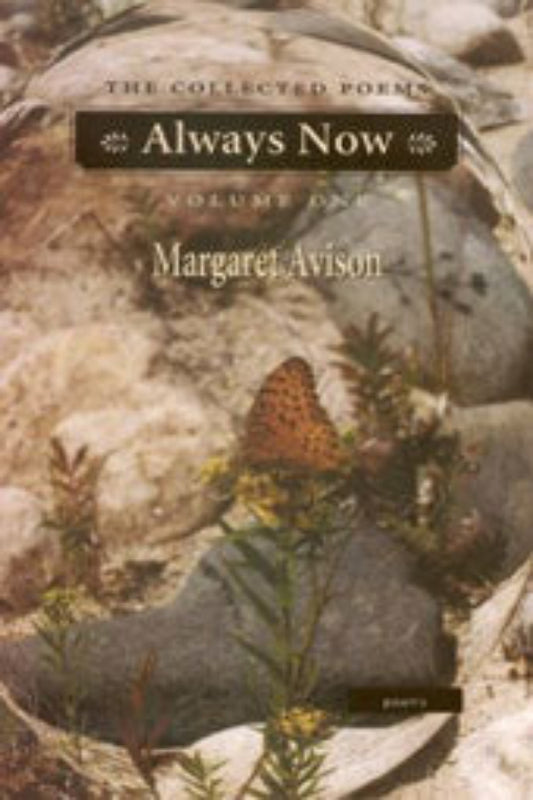 The cover of 'Always Now: Collected Poems of Margaret Avison' featuring a rocky, natural landscape with a butterfly and some plant life.
