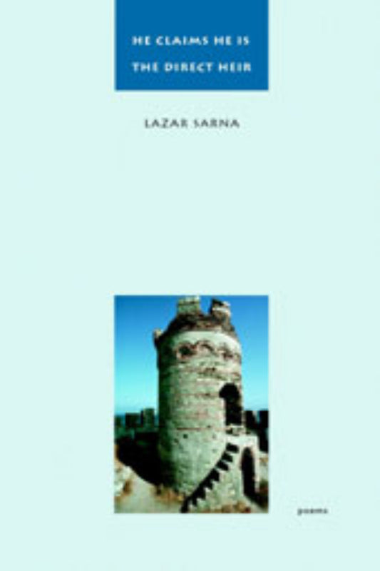 The image features the cover of the book "He Claims He Is the Direct Heir" by Lazar Sarna. The cover design is minimalistic, utilizing a muted blue background with the title and author's name in white.