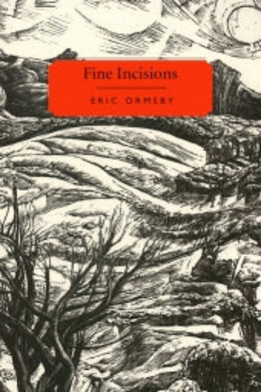 The image features the cover of the book "Fine Incisions" by Eric Ormsby. The cover design is striking with its dark, moody illustration of a forest under a night sky, evoking a sense of mysticism and the unknown.