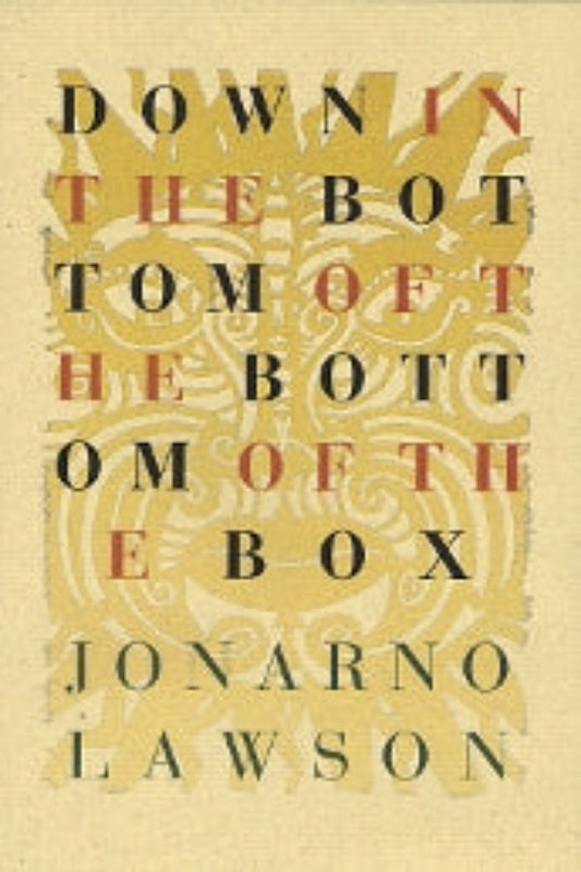 Book cover of 'Down in the Bottom of the Bottom of the Box' by JonArno Lawson, featuring a decorative, old-fashioned design with red and gold text on a beige background.