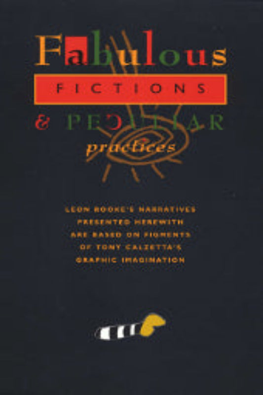 Book cover for 'Fabulous Fictions & Peculiar Practices' featuring text and a graphic design that includes a character's face and a striped object, suggestive of a satirical or humorous theme.