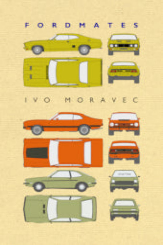 Book cover for 'Fordmates' by Ivo Moravec, featuring a series of illustrations of various cars in a line on a beige background.