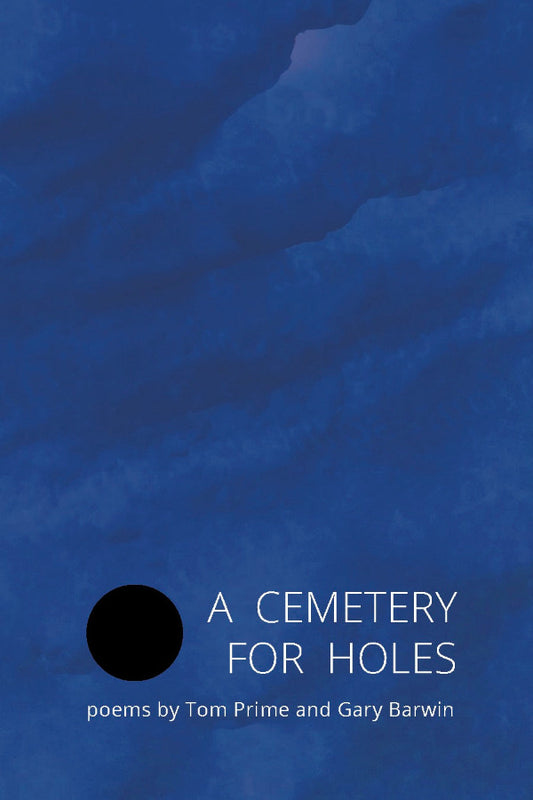 Book cover of 'A Cemetery for Holes' with text by Tom Prime and Gary Barwin on a blue textured background.