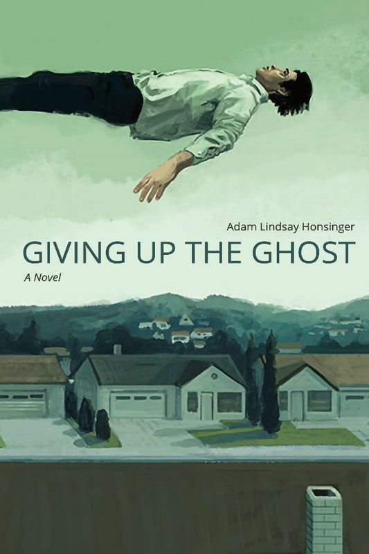 Book cover for 'Giving Up the Ghost' featuring an illustration of a person lying on their side on a flat surface with a suburban landscape in the background.